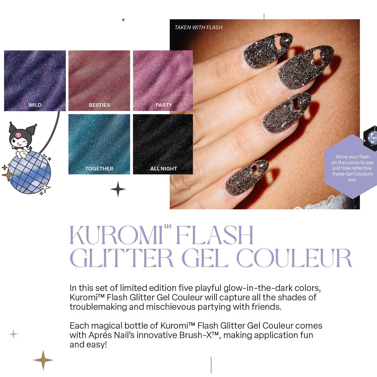 après Kuromi 　日本未発売　アプレ　クロミ　　ネイル　ハンディライト Apres Kuromi Flash Glitter Gel Couleur Polish (10ml) Together